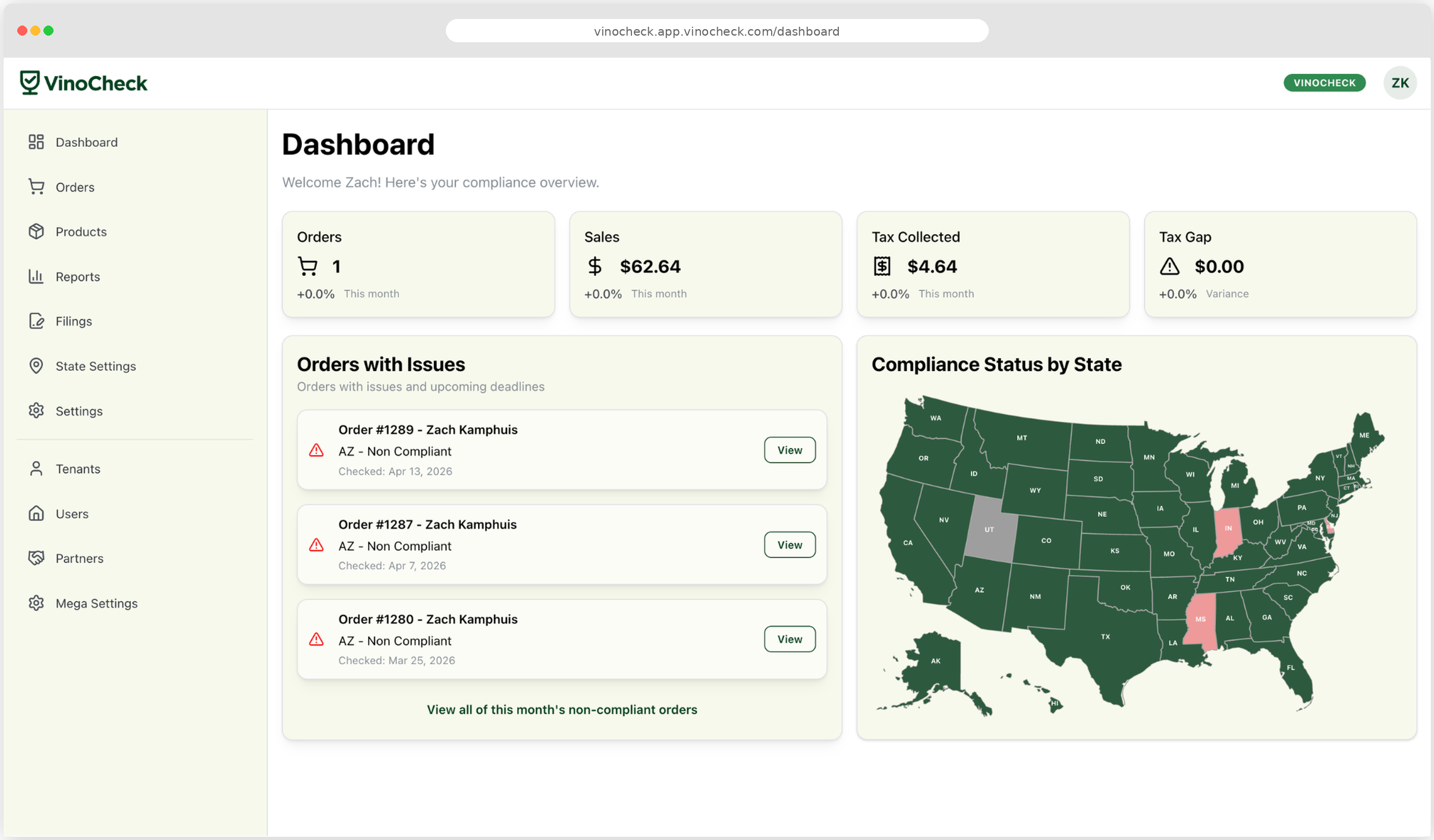 VinoCheck compliance dashboard showing orders, sales, tax collected, order issues and compliance status by state