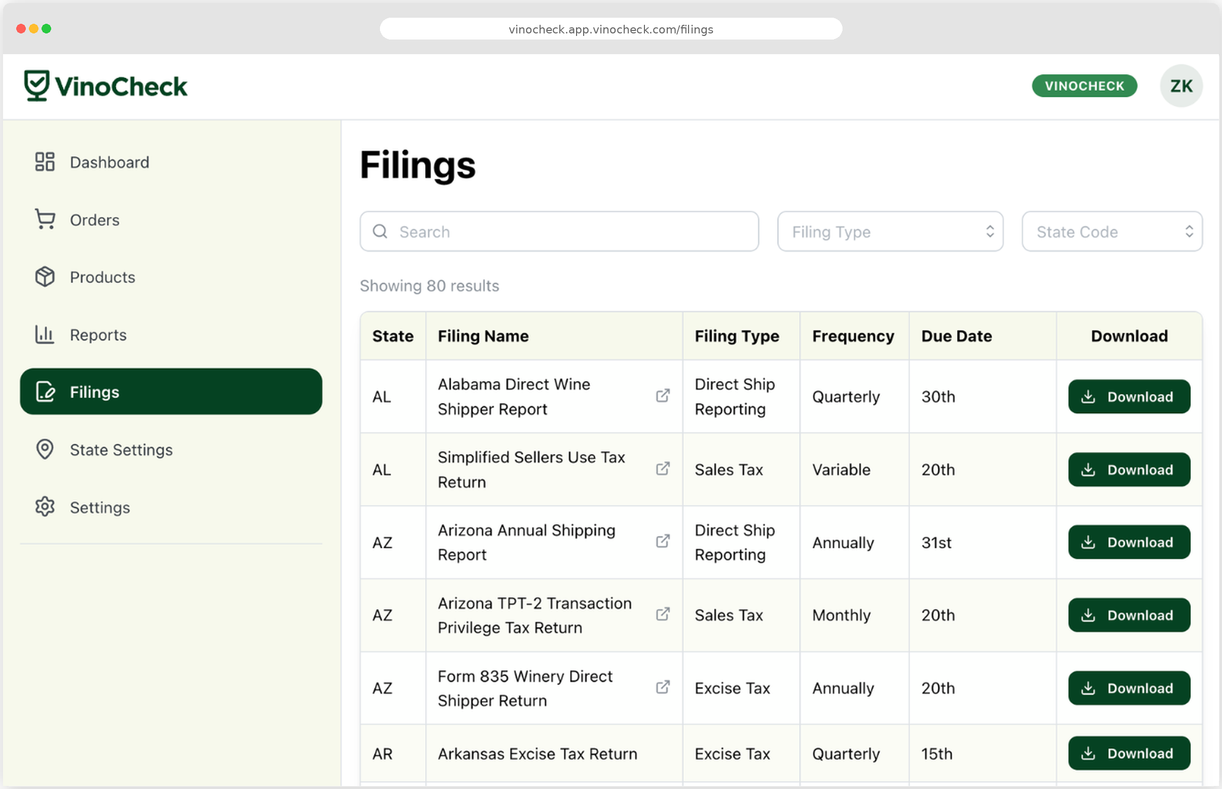 VinoCheck filings screen showing state reports, filing types, frequencies, due dates and download controls