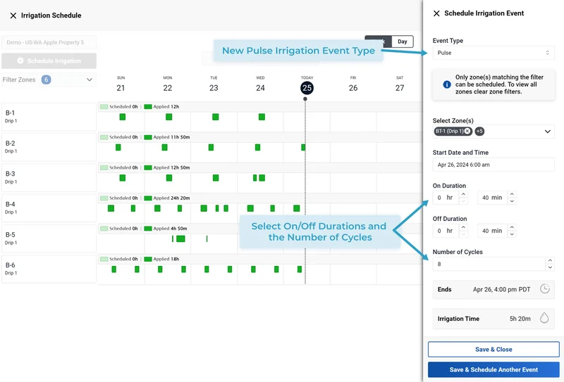 Screenshot of the Semios Irrigation Scheduler page when planning a pulse irrigation event