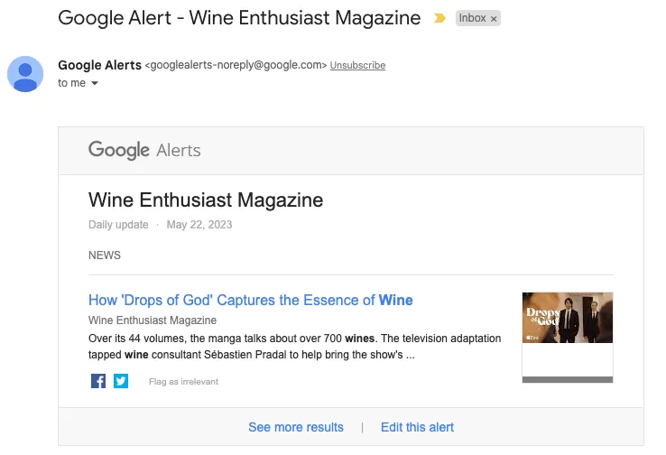 wine enthusiast google alert example